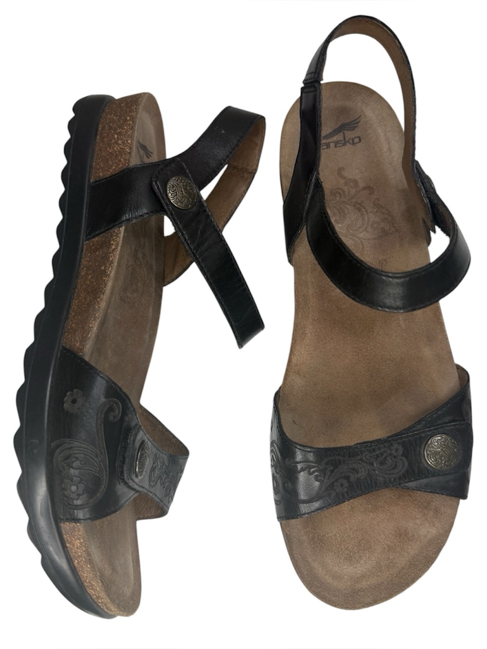 Dansko Paola Black Embossed Leather Flat Sandals Woman’s EU41 US11-11.5